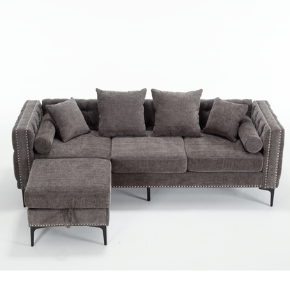 [NEW ARRIVED] [VIDEO PROVIDED]L Shaped Sectional Sofa , Convertible Storage Ottoman,Chenille ,Square Arm, Modern Tufted Couch ,3 Seater, And Nailhead, Dark gray - Groovy Boardz