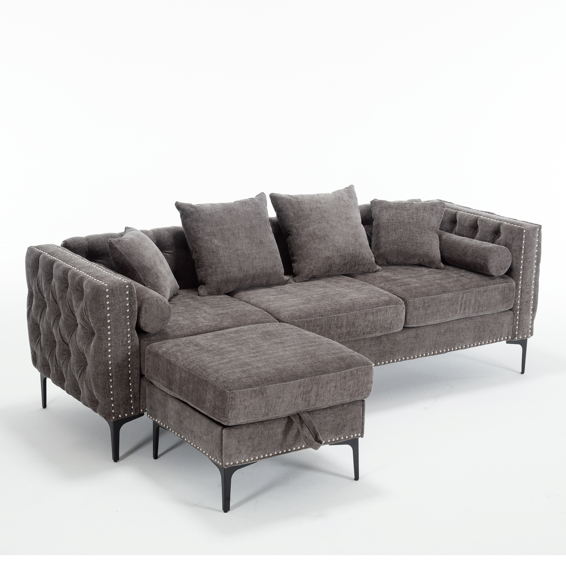 [NEW ARRIVED] [VIDEO PROVIDED]L Shaped Sectional Sofa , Convertible Storage Ottoman,Chenille ,Square Arm, Modern Tufted Couch ,3 Seater, And Nailhead, Dark gray - Groovy Boardz