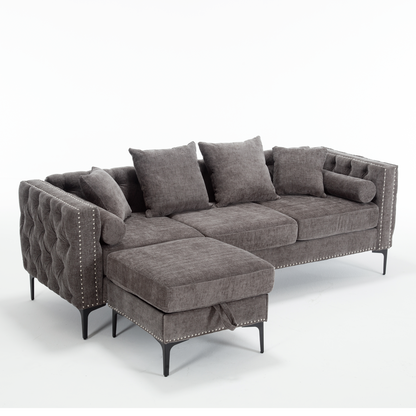 [NEW ARRIVED] [VIDEO PROVIDED]L Shaped Sectional Sofa , Convertible Storage Ottoman,Chenille ,Square Arm, Modern Tufted Couch ,3 Seater, And Nailhead, Dark gray - Groovy Boardz