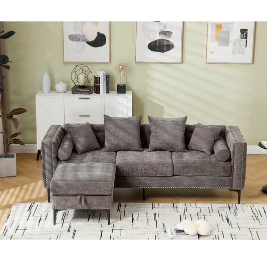 [NEW ARRIVED] [VIDEO PROVIDED]L Shaped Sectional Sofa , Convertible Storage Ottoman,Chenille ,Square Arm, Modern Tufted Couch ,3 Seater, And Nailhead, Dark gray - Groovy Boardz