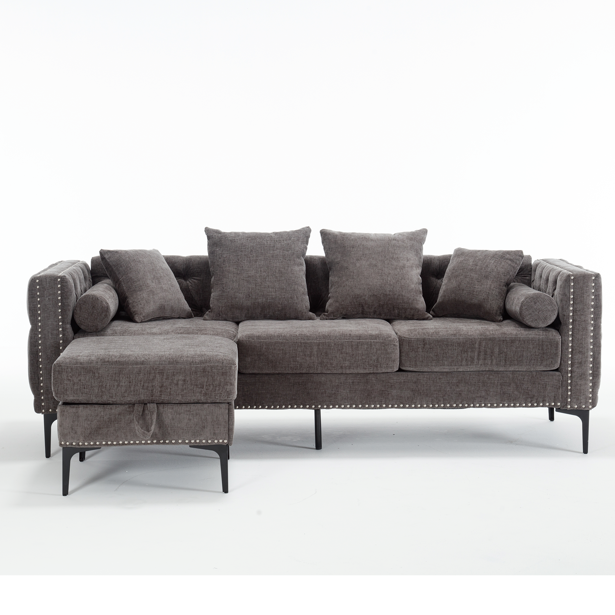 [NEW ARRIVED] [VIDEO PROVIDED]L Shaped Sectional Sofa , Convertible Storage Ottoman,Chenille ,Square Arm, Modern Tufted Couch ,3 Seater, And Nailhead, Dark gray - Groovy Boardz