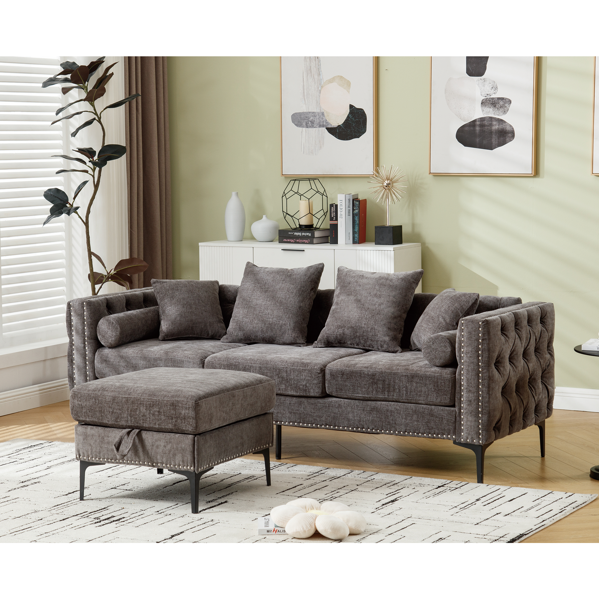 [NEW ARRIVED] [VIDEO PROVIDED]L Shaped Sectional Sofa , Convertible Storage Ottoman,Chenille ,Square Arm, Modern Tufted Couch ,3 Seater, And Nailhead, Dark gray - Groovy Boardz