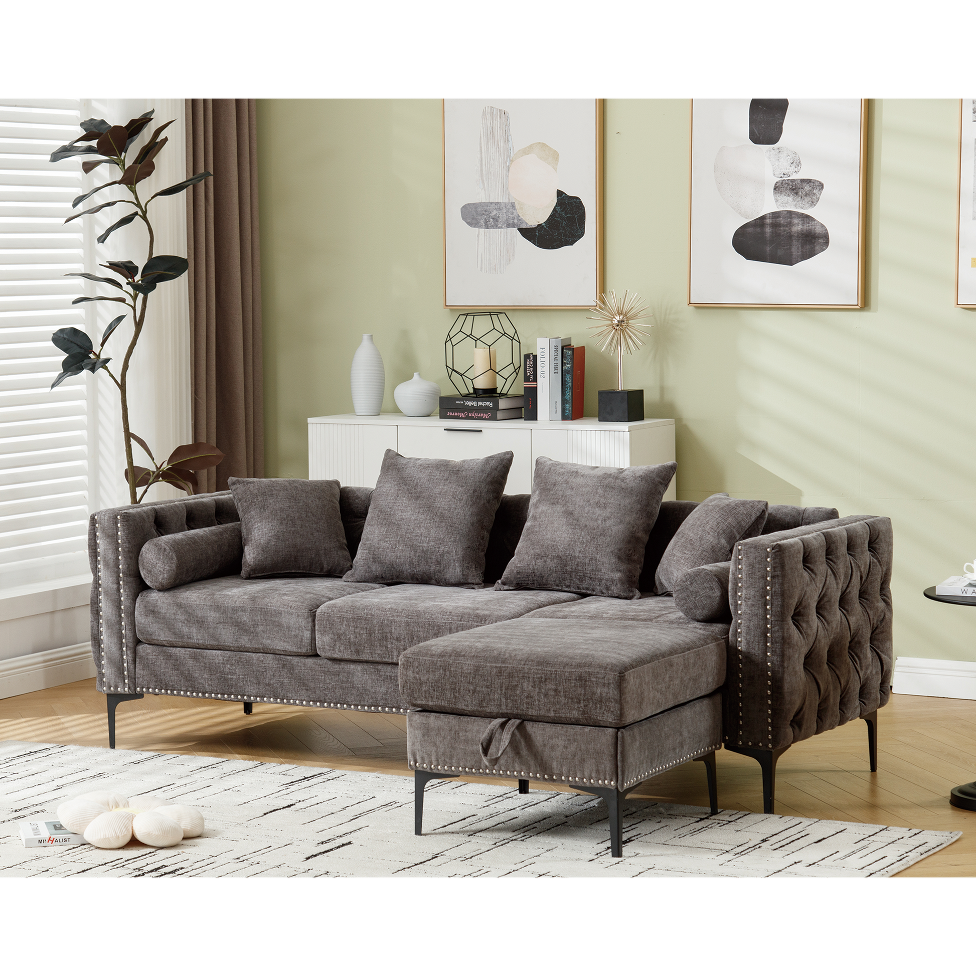 [NEW ARRIVED] [VIDEO PROVIDED]L Shaped Sectional Sofa , Convertible Storage Ottoman,Chenille ,Square Arm, Modern Tufted Couch ,3 Seater, And Nailhead, Dark gray - Groovy Boardz