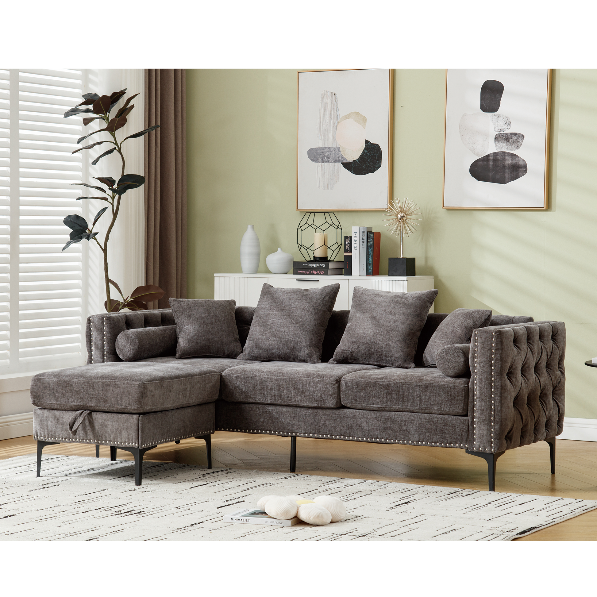 [NEW ARRIVED] [VIDEO PROVIDED]L Shaped Sectional Sofa , Convertible Storage Ottoman,Chenille ,Square Arm, Modern Tufted Couch ,3 Seater, And Nailhead, Dark gray - Groovy Boardz