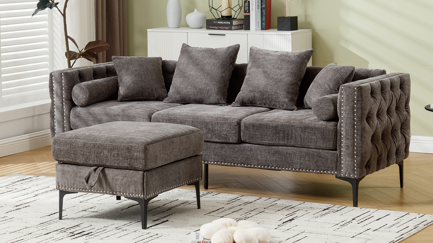 [NEW ARRIVED] [VIDEO PROVIDED]L Shaped Sectional Sofa , Convertible Storage Ottoman,Chenille ,Square Arm, Modern Tufted Couch ,3 Seater, And Nailhead, Dark gray - Groovy Boardz