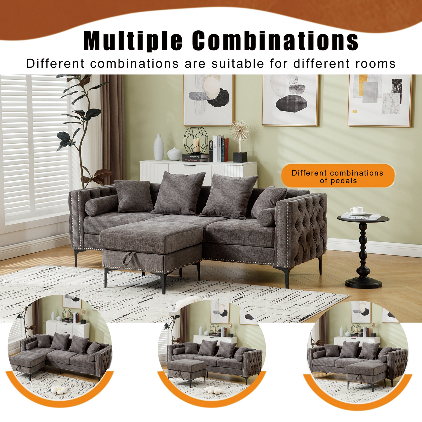[NEW ARRIVED] [VIDEO PROVIDED]L Shaped Sectional Sofa , Convertible Storage Ottoman,Chenille ,Square Arm, Modern Tufted Couch ,3 Seater, And Nailhead, Dark gray - Groovy Boardz