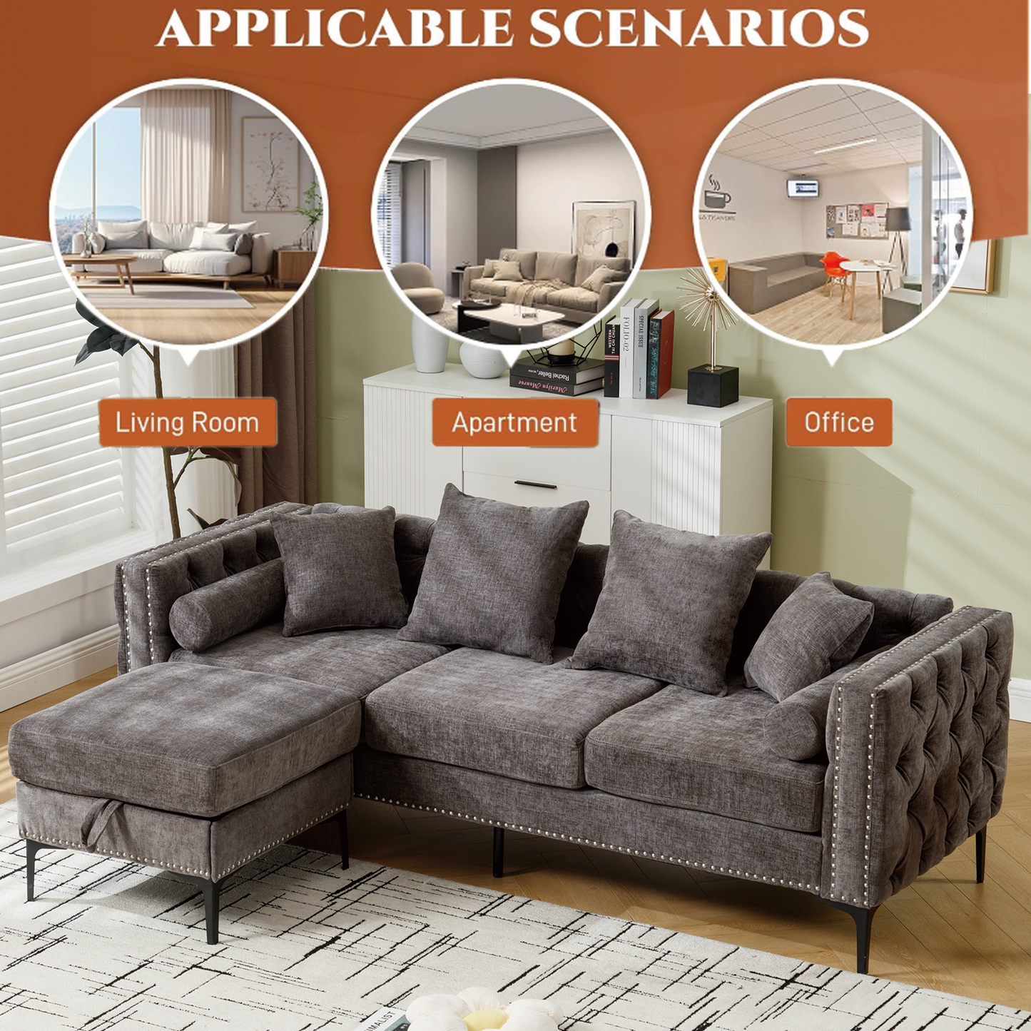 [NEW ARRIVED] [VIDEO PROVIDED]L Shaped Sectional Sofa , Convertible Storage Ottoman,Chenille ,Square Arm, Modern Tufted Couch ,3 Seater, And Nailhead, Dark gray - Groovy Boardz