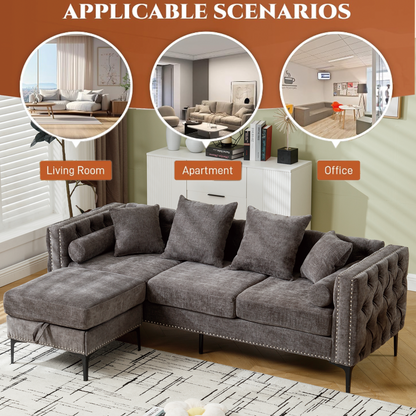[NEW ARRIVED] [VIDEO PROVIDED]L Shaped Sectional Sofa , Convertible Storage Ottoman,Chenille ,Square Arm, Modern Tufted Couch ,3 Seater, And Nailhead, Dark gray - Groovy Boardz