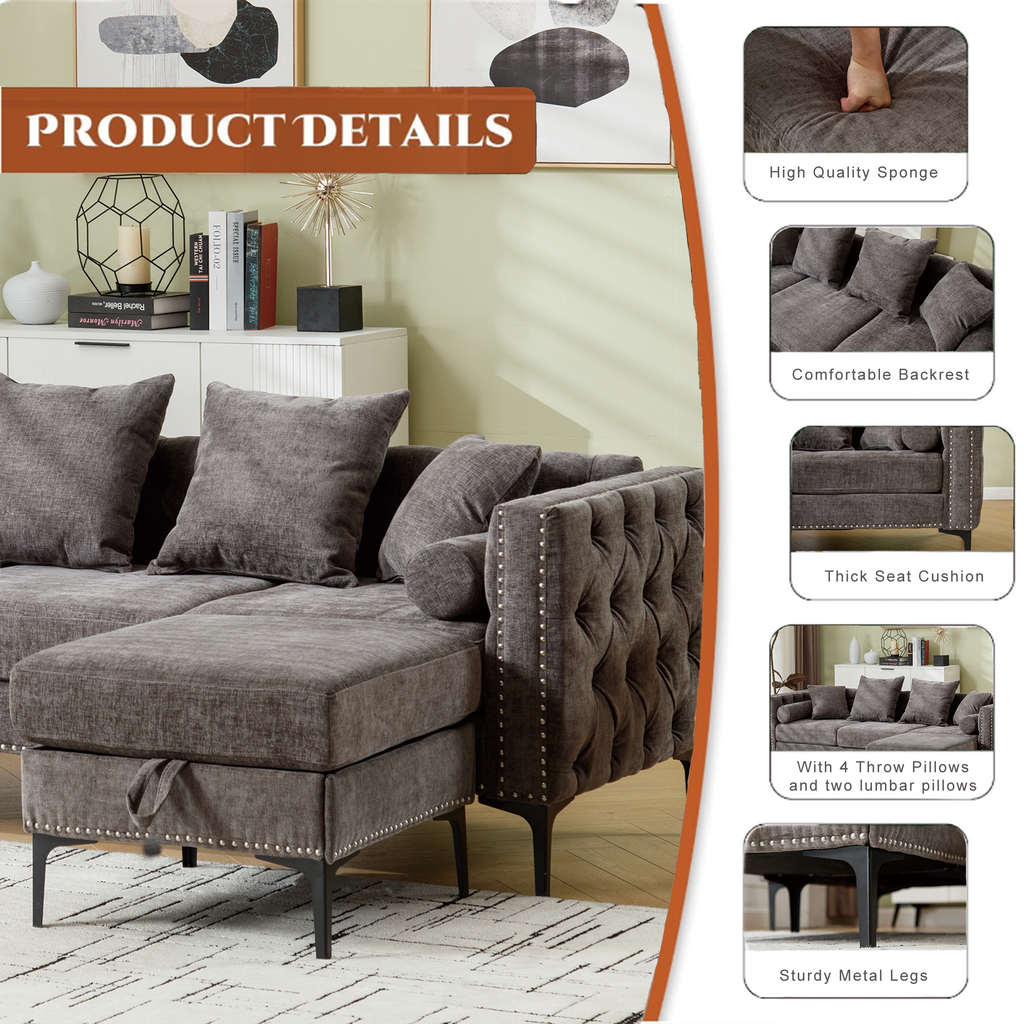 [NEW ARRIVED] [VIDEO PROVIDED]L Shaped Sectional Sofa , Convertible Storage Ottoman,Chenille ,Square Arm, Modern Tufted Couch ,3 Seater, And Nailhead, Dark gray - Groovy Boardz