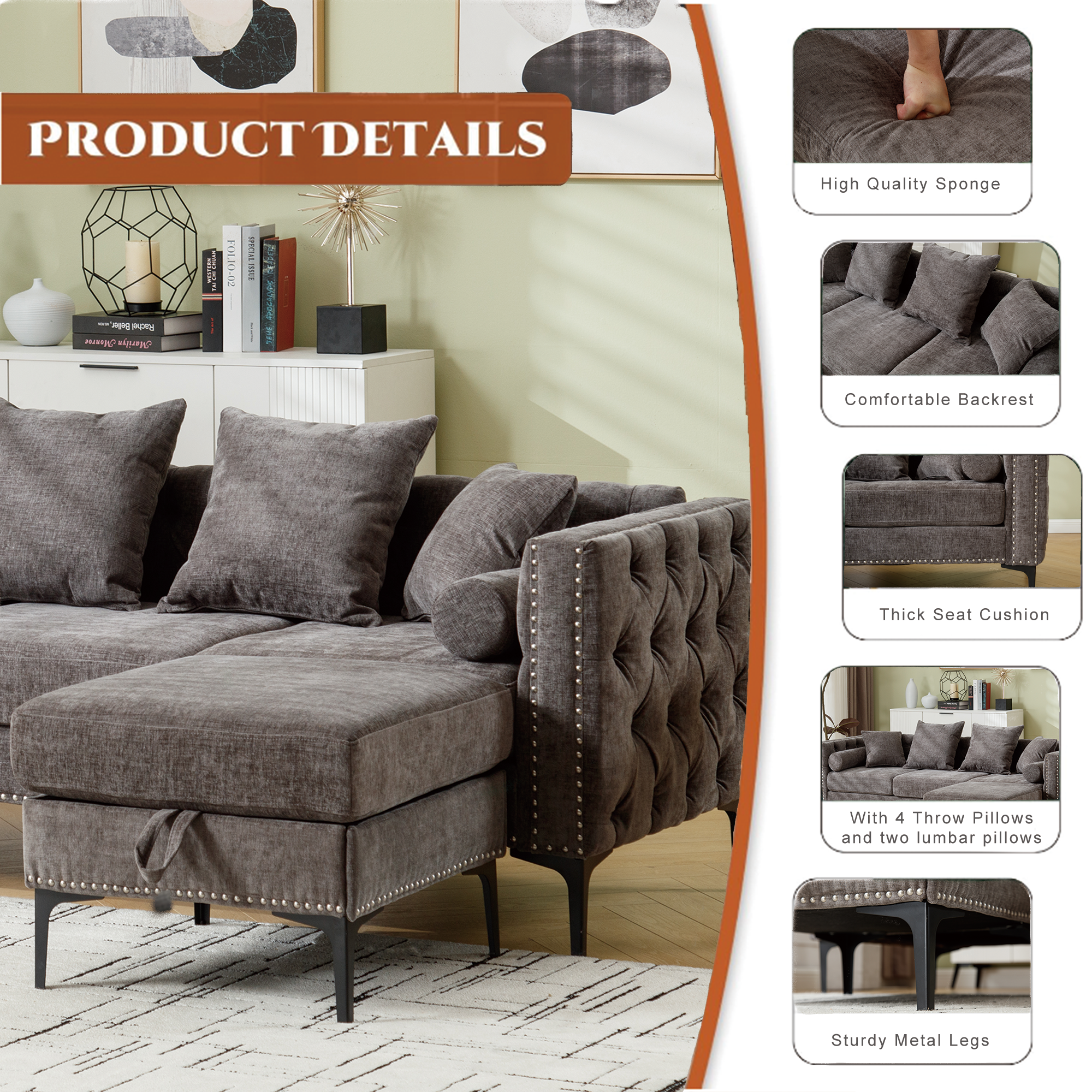 [NEW ARRIVED] [VIDEO PROVIDED]L Shaped Sectional Sofa , Convertible Storage Ottoman,Chenille ,Square Arm, Modern Tufted Couch ,3 Seater, And Nailhead, Dark gray - Groovy Boardz