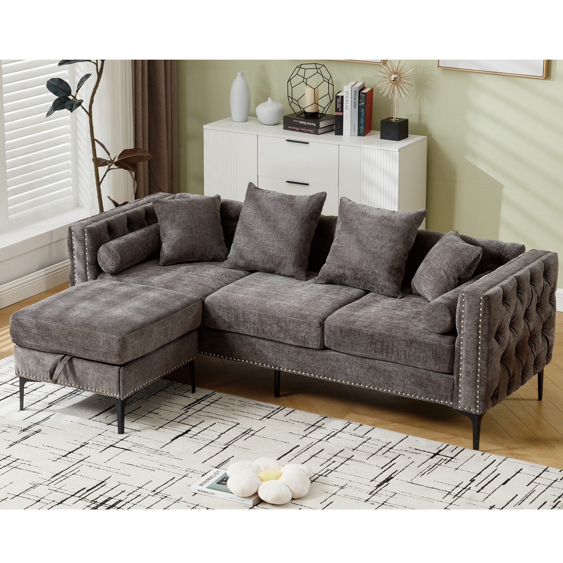 [NEW ARRIVED] [VIDEO PROVIDED]L Shaped Sectional Sofa , Convertible Storage Ottoman,Chenille ,Square Arm, Modern Tufted Couch ,3 Seater, And Nailhead, Dark gray - Groovy Boardz