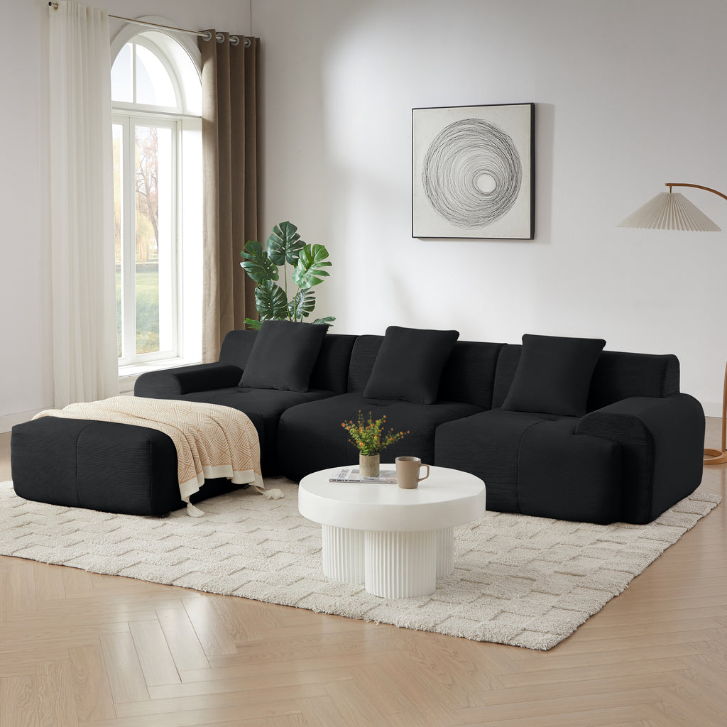 113' Modern L-Shaped Modular Sectional Sofa for Living Room, Corduroy Upholstery black, Oversized 3-Seater Couch with Deep Seat and Movable Ottoman – No Assembly