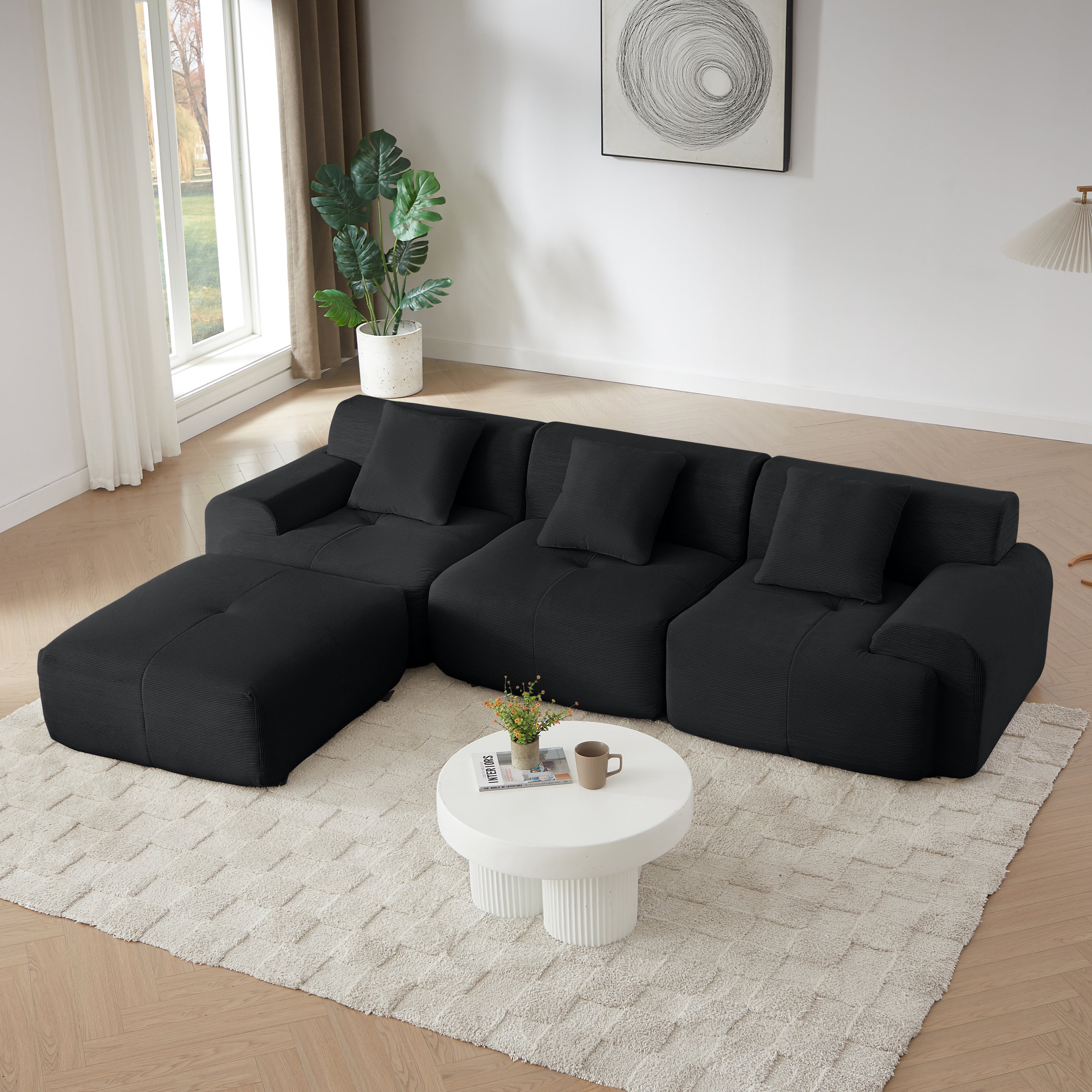 113' Modern L-Shaped Modular Sectional Sofa for Living Room, Corduroy Upholstery black, Oversized 3-Seater Couch with Deep Seat and Movable Ottoman – No Assembly
