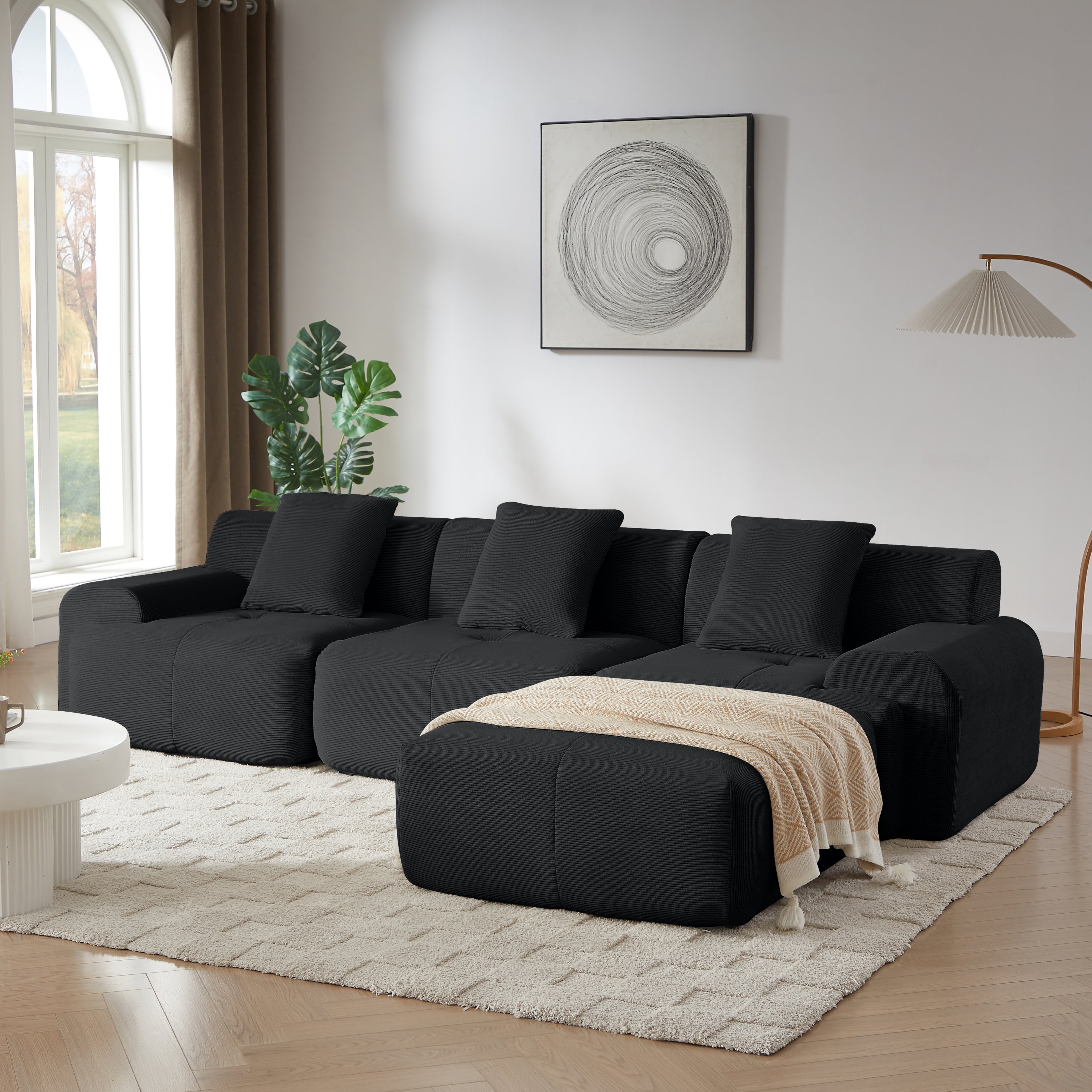 113' Modern L-Shaped Modular Sectional Sofa for Living Room, Corduroy Upholstery black, Oversized 3-Seater Couch with Deep Seat and Movable Ottoman – No Assembly