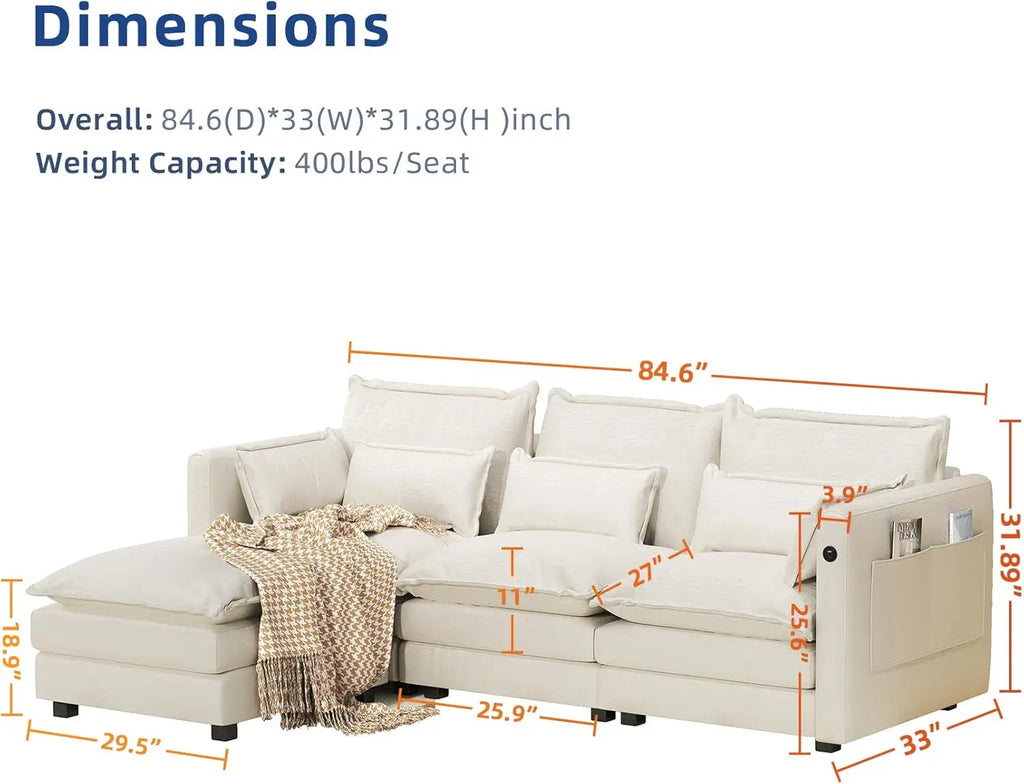 L Shaped Couch Sectional Sofa Comfy Cloud Couch for Living Room, Deep Seat Modular Sectional Sofa with Padded Armrests, Pillows