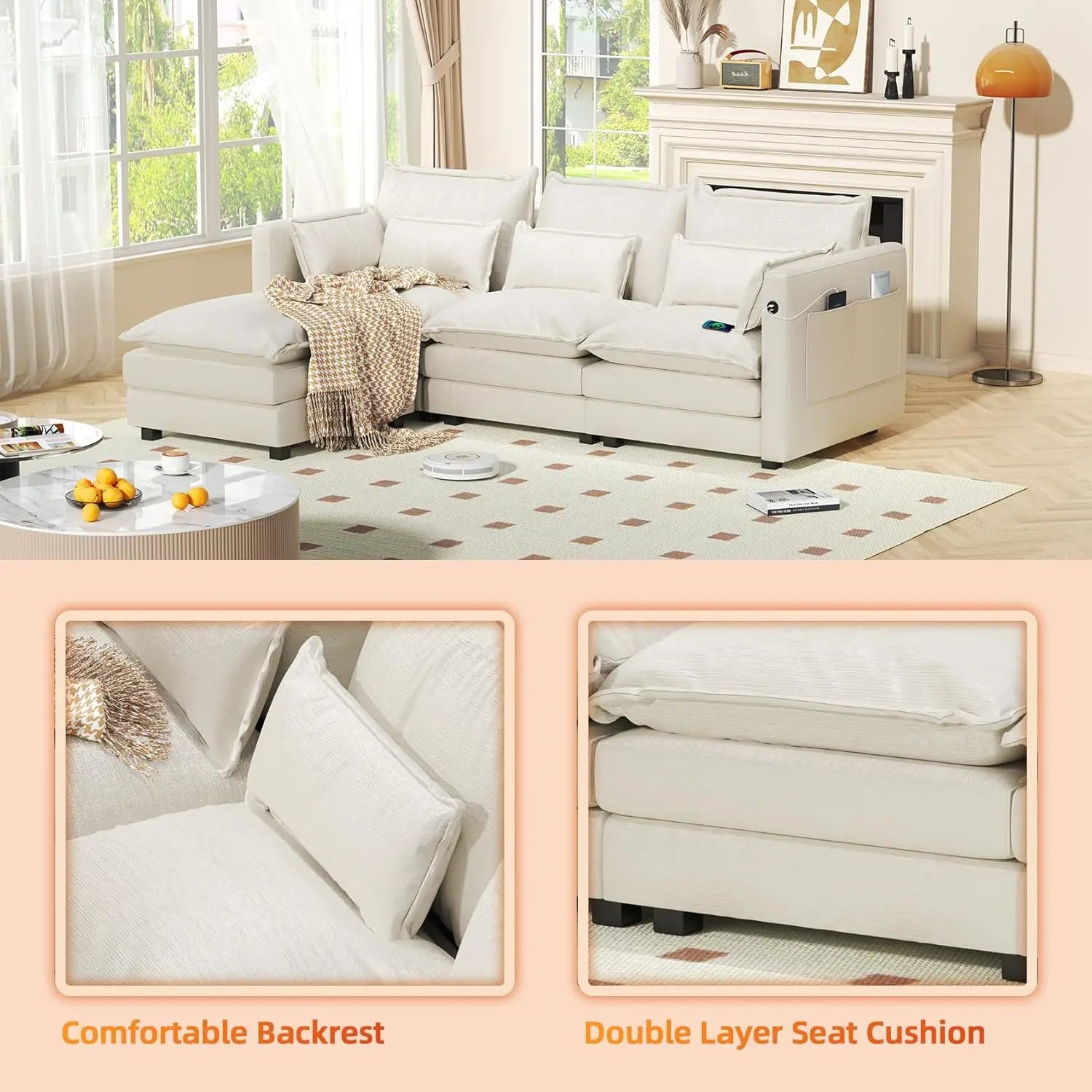 L Shaped Couch Sectional Sofa Comfy Cloud Couch for Living Room, Deep Seat Modular Sectional Sofa with Padded Armrests, Pillows