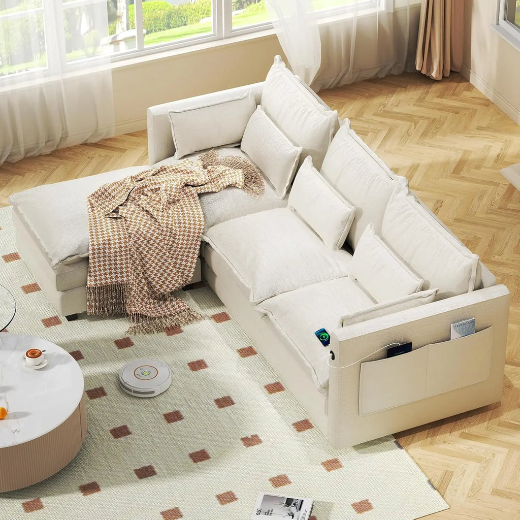 L Shaped Couch Sectional Sofa Comfy Cloud Couch for Living Room, Deep Seat Modular Sectional Sofa with Padded Armrests, Pillows