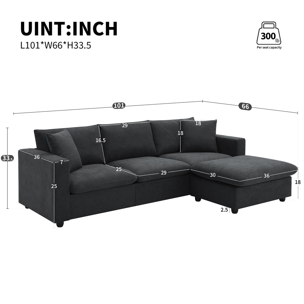 [VIDEO provided] [New] 100.4*64.6 Modern Sectional Sofa,L-shaped Couch Set with 2 Free pillows,4-seat Polyester Fabric Couch Set with Convertible Ottoman for Living Room, Apartment, Office,4 Colors