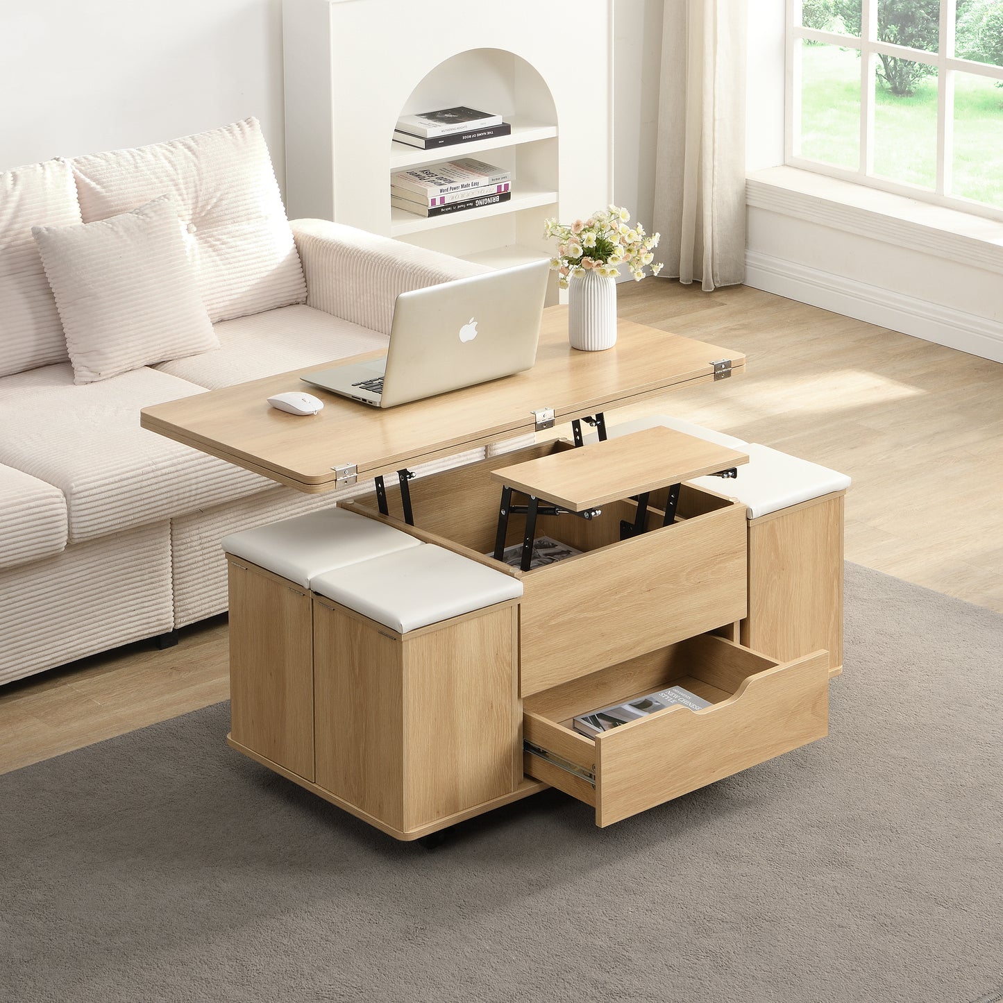 Wooden coffee table with lift-top design in a living room setting.