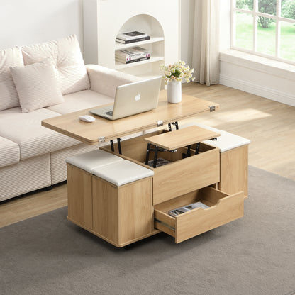 Wooden coffee table with lift-top design in a living room setting.