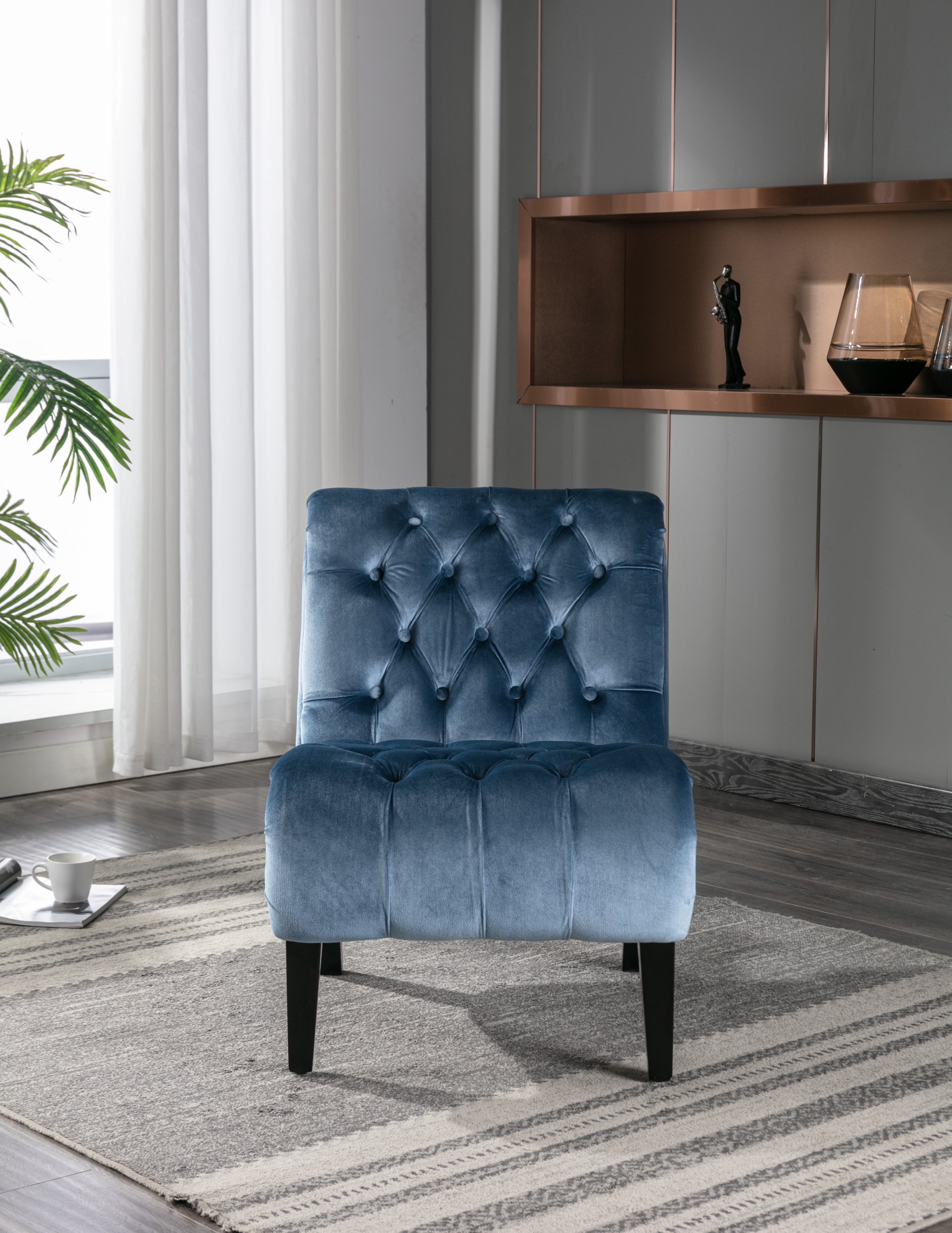 COOLMORE Modern Velvet Armless Accent Living Room Chair / Leisure Chair,Upholstered Fabric Button Comfortable Chair with Wooden Legs for Bedroom, Living Room, Office (Light Blue Velvet)
