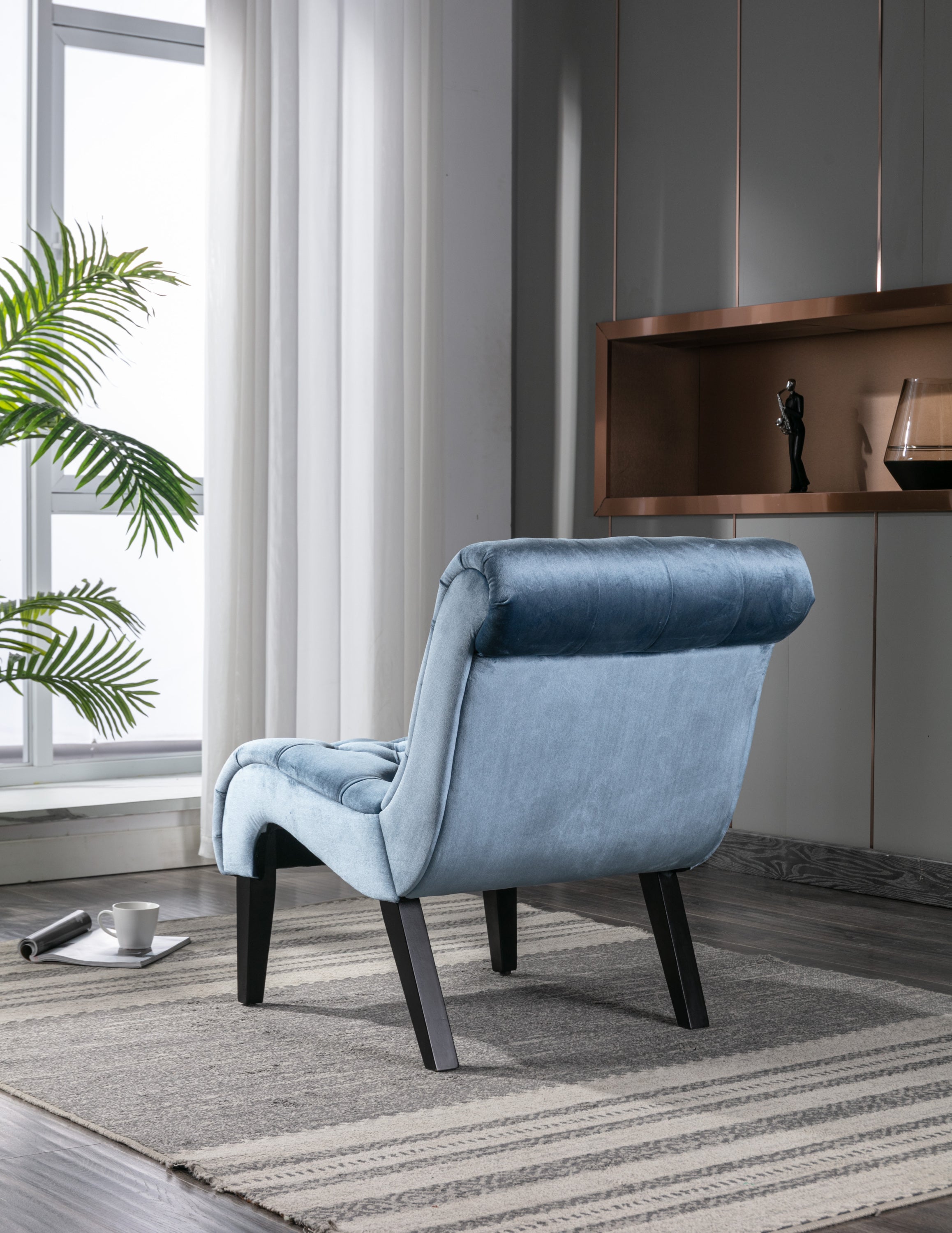 COOLMORE Modern Velvet Armless Accent Living Room Chair / Leisure Chair,Upholstered Fabric Button Comfortable Chair with Wooden Legs for Bedroom, Living Room, Office (Light Blue Velvet)