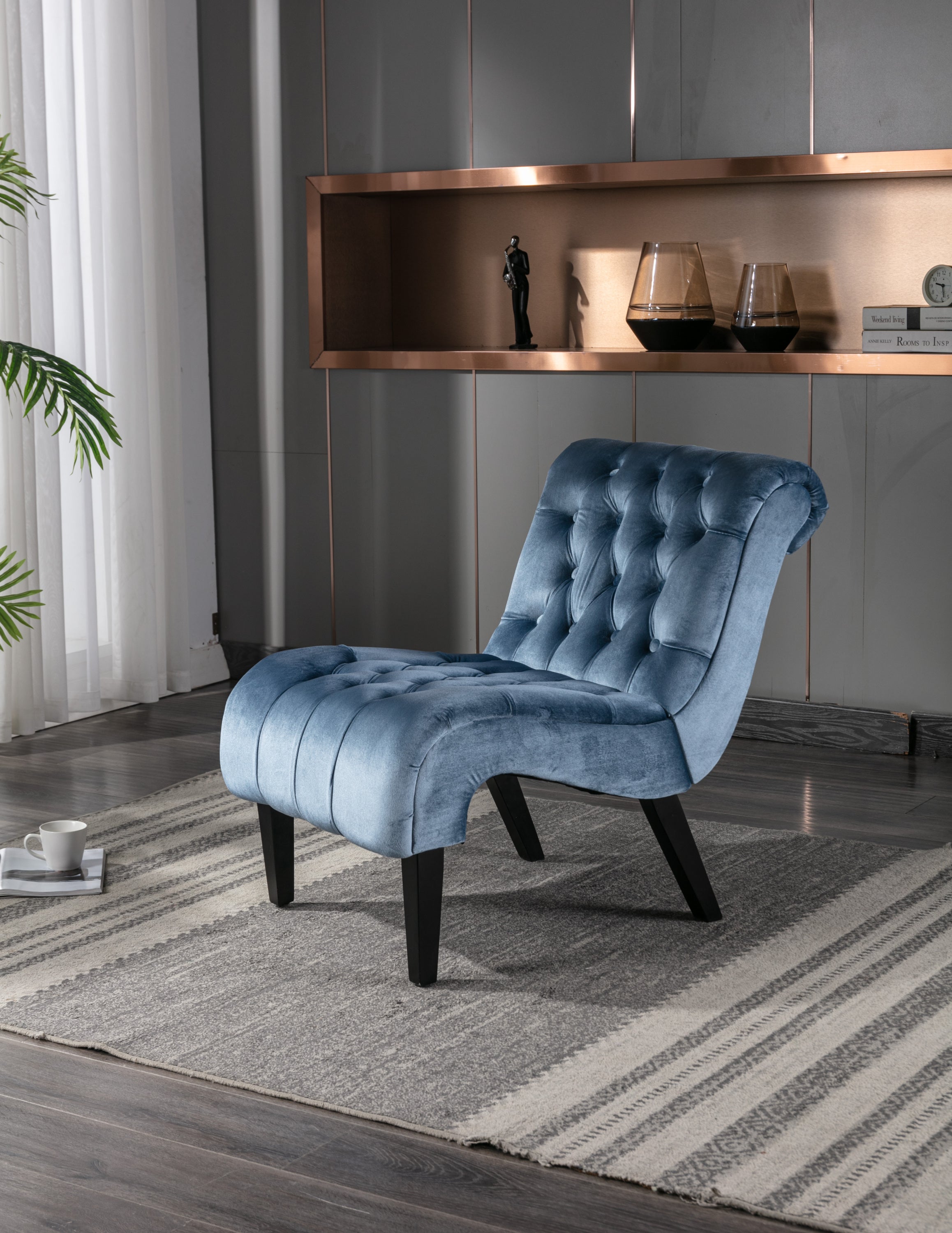 COOLMORE Modern Velvet Armless Accent Living Room Chair / Leisure Chair,Upholstered Fabric Button Comfortable Chair with Wooden Legs for Bedroom, Living Room, Office (Light Blue Velvet)