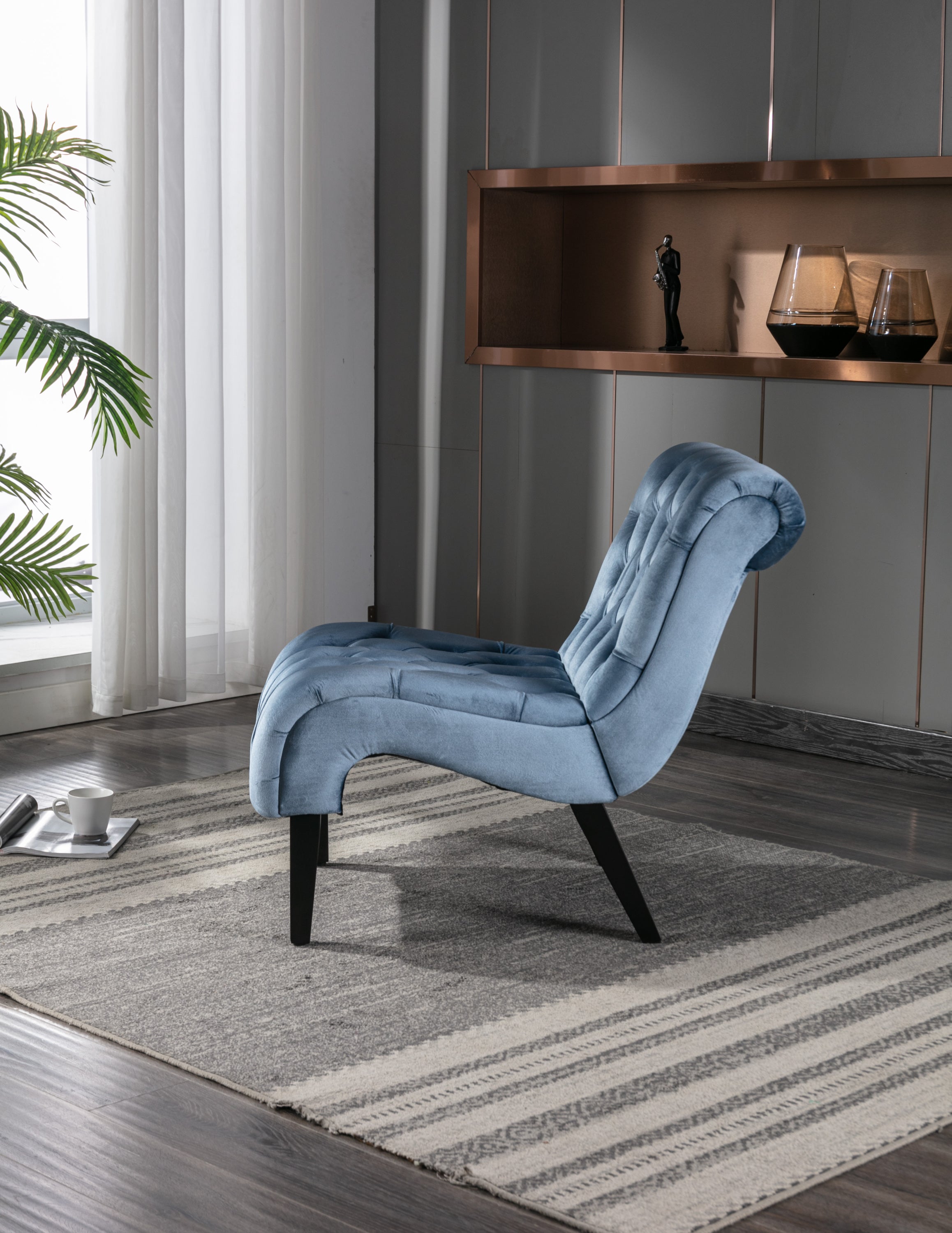 COOLMORE Modern Velvet Armless Accent Living Room Chair / Leisure Chair,Upholstered Fabric Button Comfortable Chair with Wooden Legs for Bedroom, Living Room, Office (Light Blue Velvet)