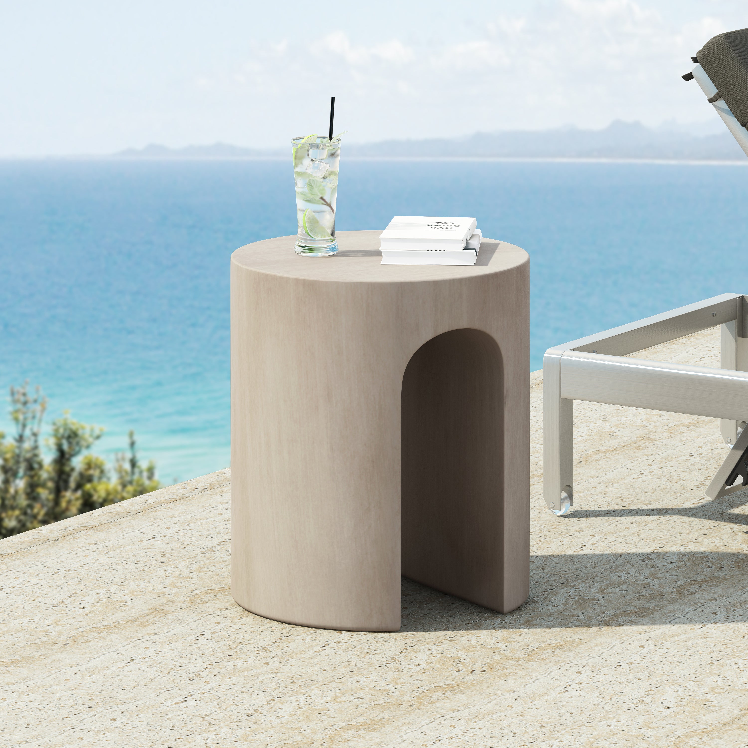 Light Grey Concrete Round U-Shaped Outdoor Side Table with Modern Aesthetic and Durability End Table