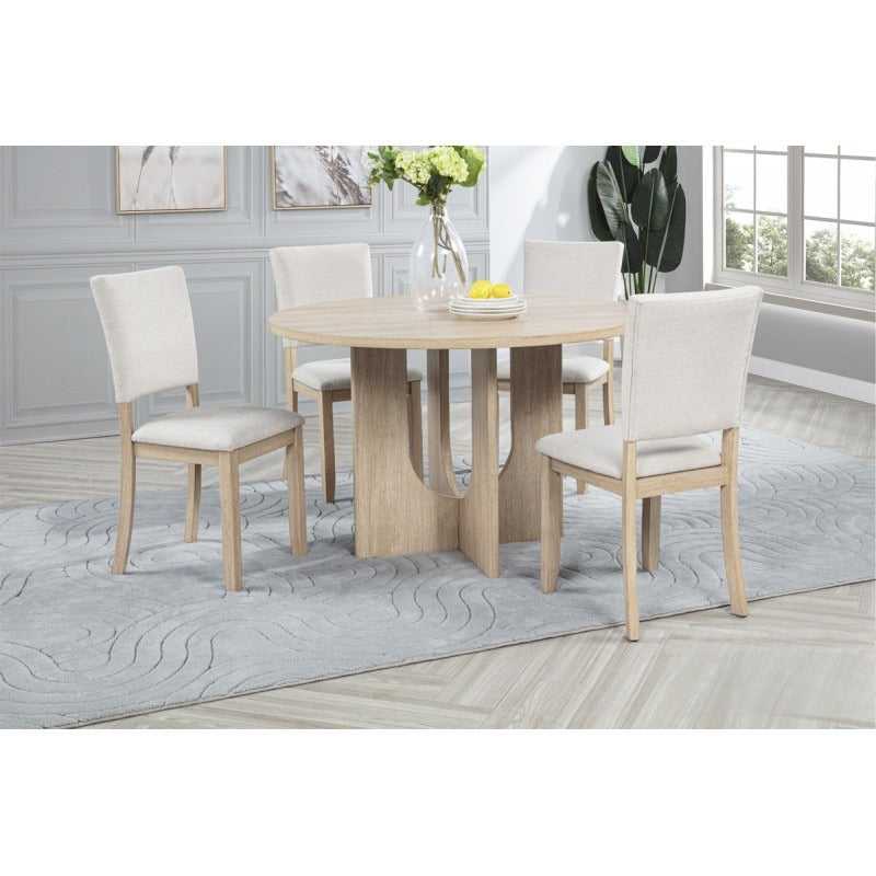 5 Piece Round Dining Table Set with 4 Upholstered Chairs, Modern Wooden Kitchen & Dining Room Furniture, Light Oak/Beige