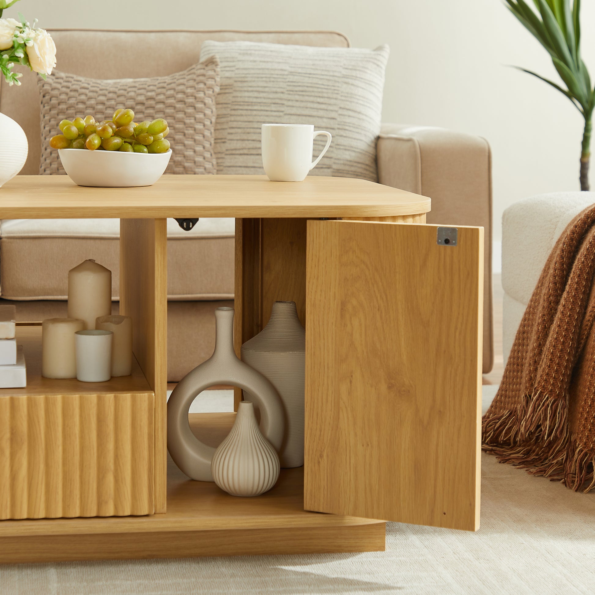 46.5'modern luxury oval coffee table with drawers and storage compartments, curved contour design, living room center coffee table, suitable for living rooms and offices, Natural, 46.5'L*27.2'W*17.7'H