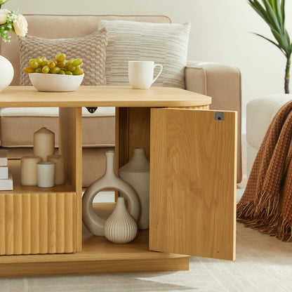 46.5'modern luxury oval coffee table with drawers and storage compartments, curved contour design, living room center coffee table, suitable for living rooms and offices, Natural, 46.5'L*27.2'W*17.7'H