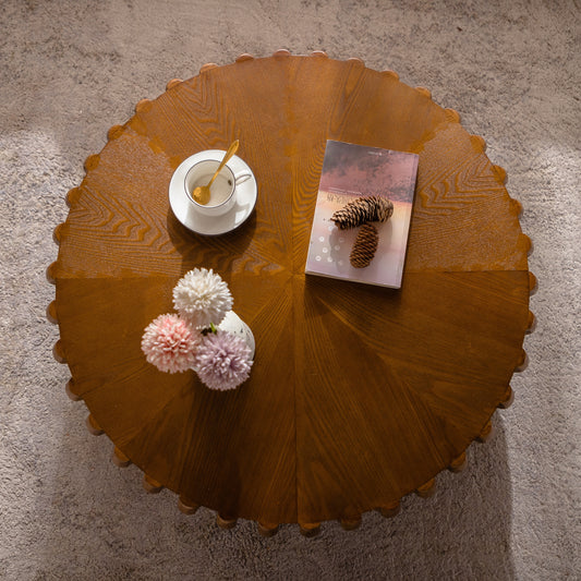 Drum Fluted Modern Round Coffee Table, Mid Century Circle Center Coffee Tables with Sturdy Pedestal, for Bedroom Apartment Living Room Farmhouse.