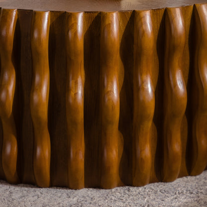 Drum Fluted Modern Round Coffee Table, Mid Century Circle Center Coffee Tables with Sturdy Pedestal, for Bedroom Apartment Living Room Farmhouse.