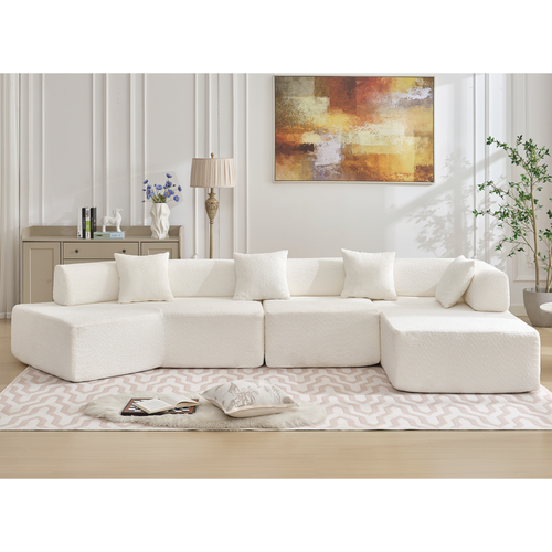 Modern Minimalist 140 Inch L-Shape Boucle Sofa In White.