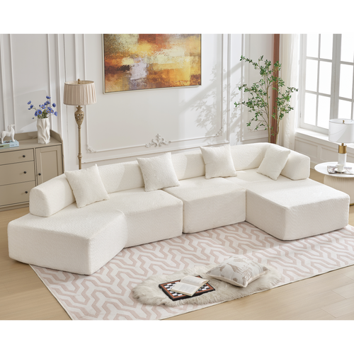 Modern Minimalist 140 Inch L-Shape Boucle Sofa In White.