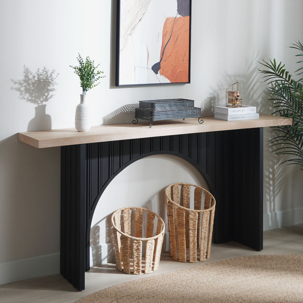 Modern Minimalist Console Table with Black Arch Base and Natural Wood Top,66in Length Console Table,Wood Table