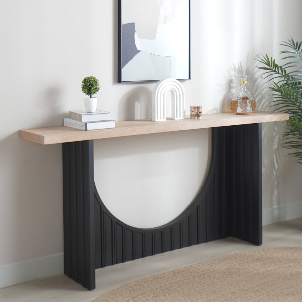 Modern Minimalist Console Table with Black Arch Base and Natural Wood Top,66in Length Console Table,Wood Table