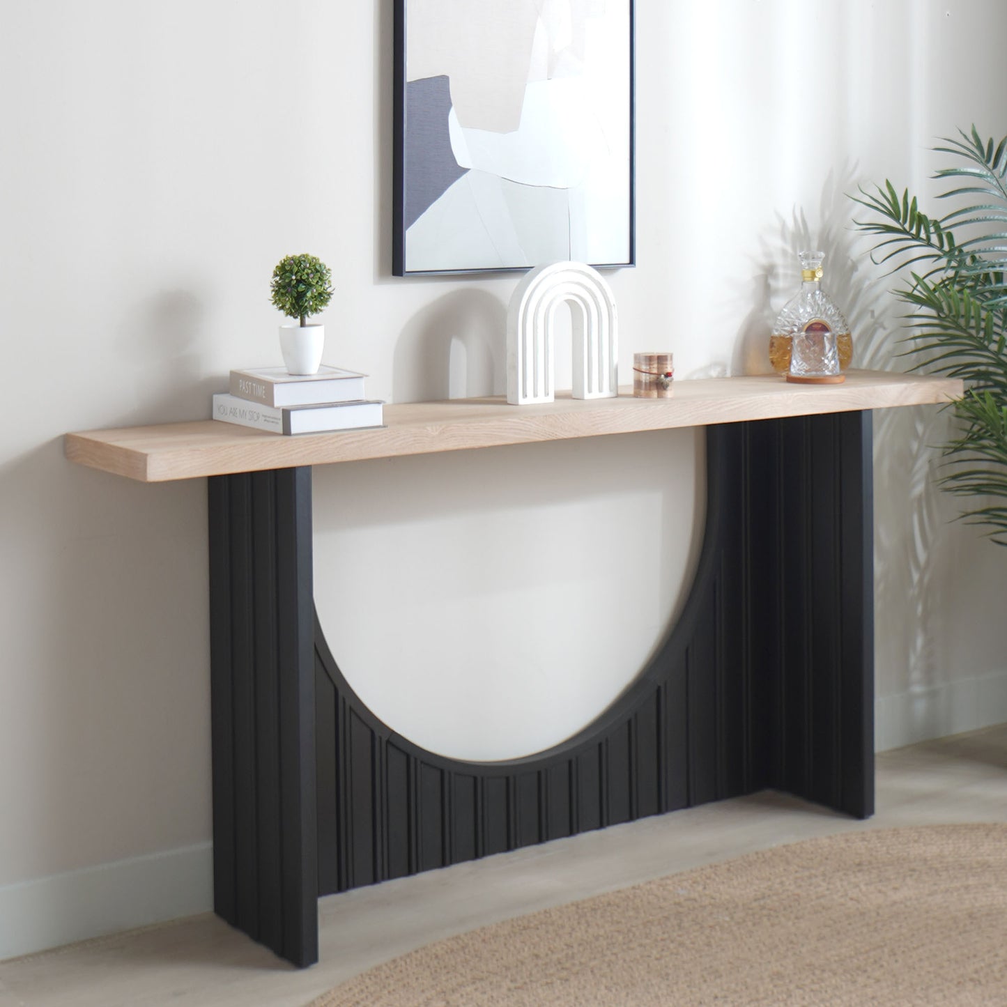 Modern Minimalist Console Table with Black Arch Base and Natural Wood Top,66in Length Console Table,Wood Table