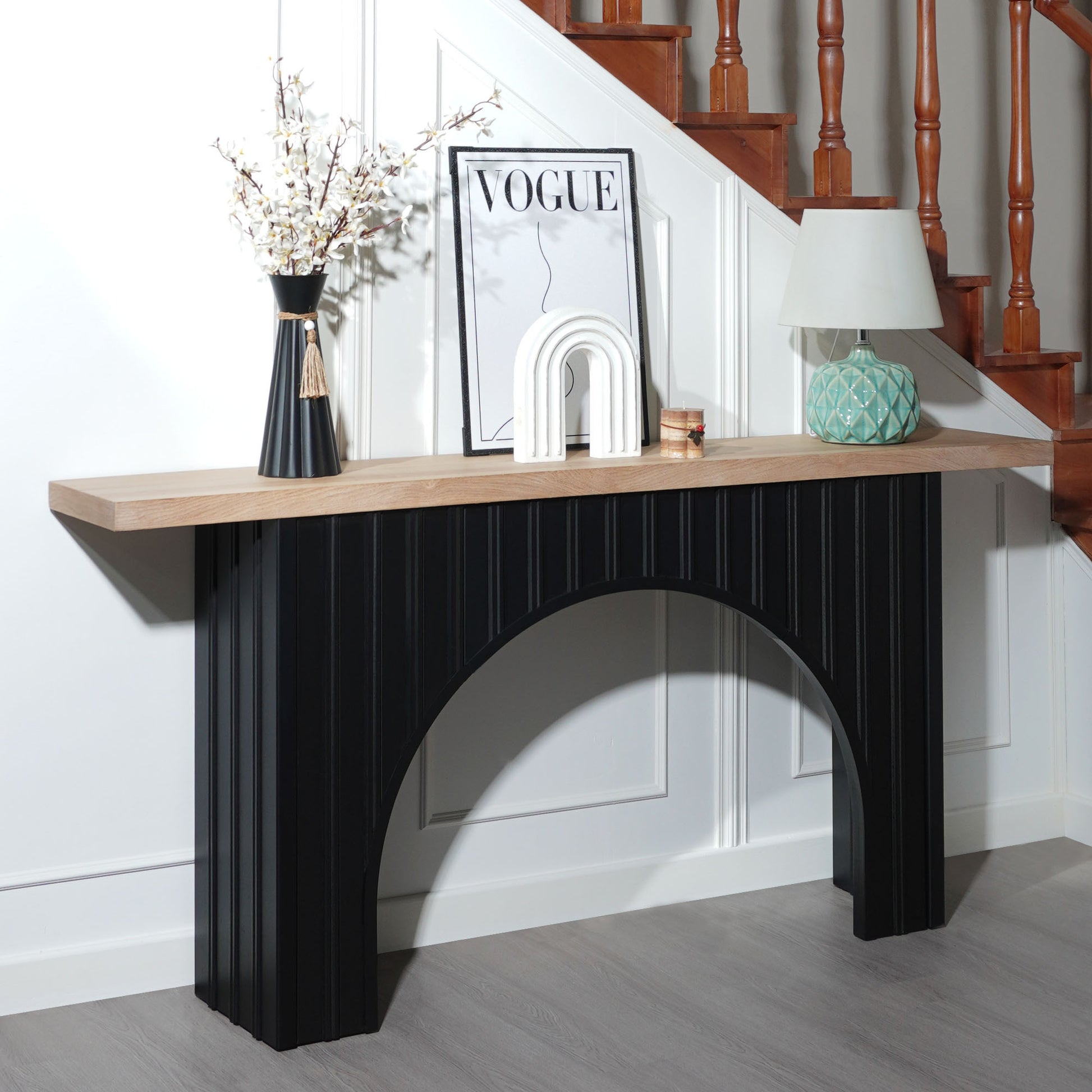 Modern Minimalist Console Table with Black Arch Base and Natural Wood Top,66in Length Console Table,Wood Table