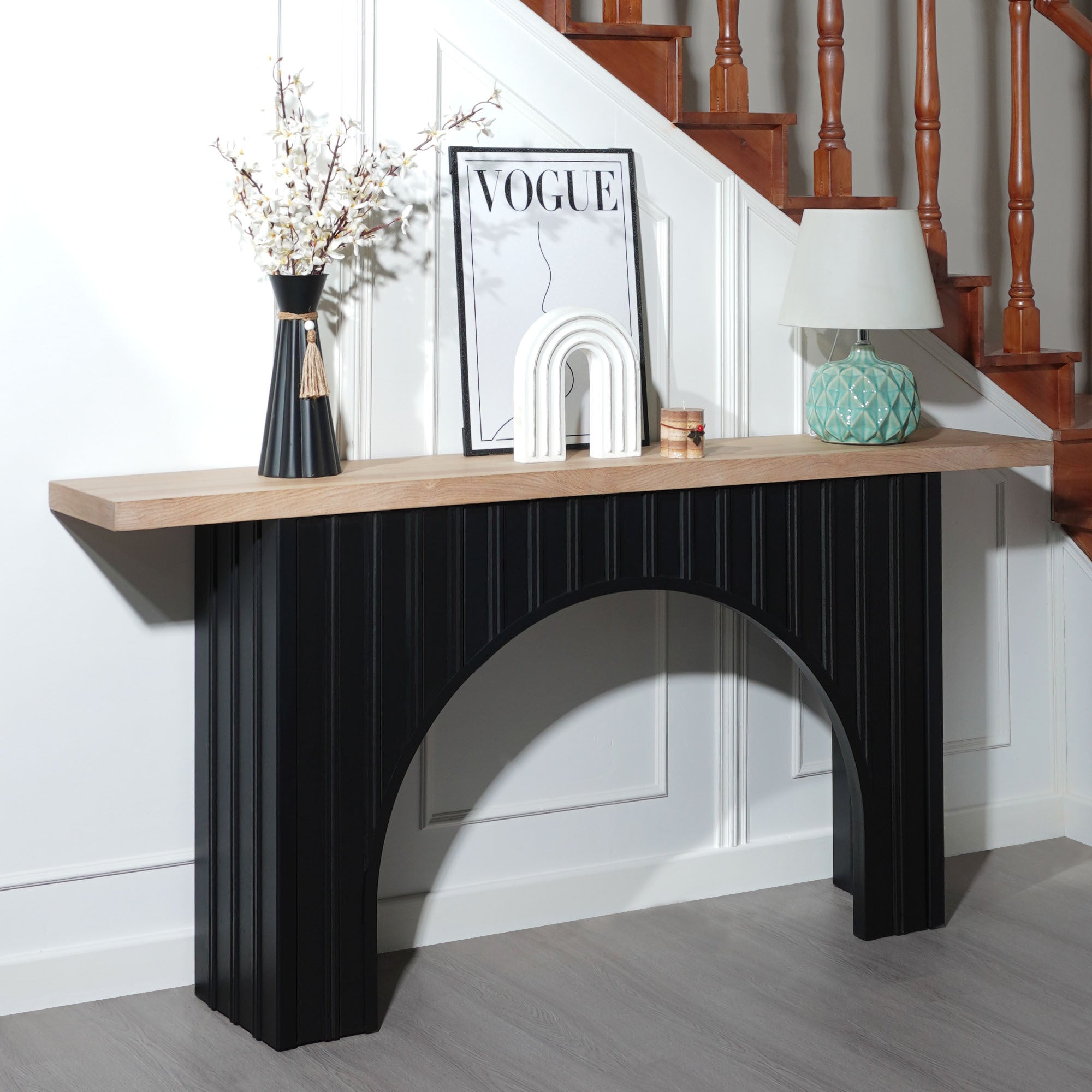 Modern Minimalist Console Table with Black Arch Base and Natural Wood Top,66in Length Console Table,Wood Table