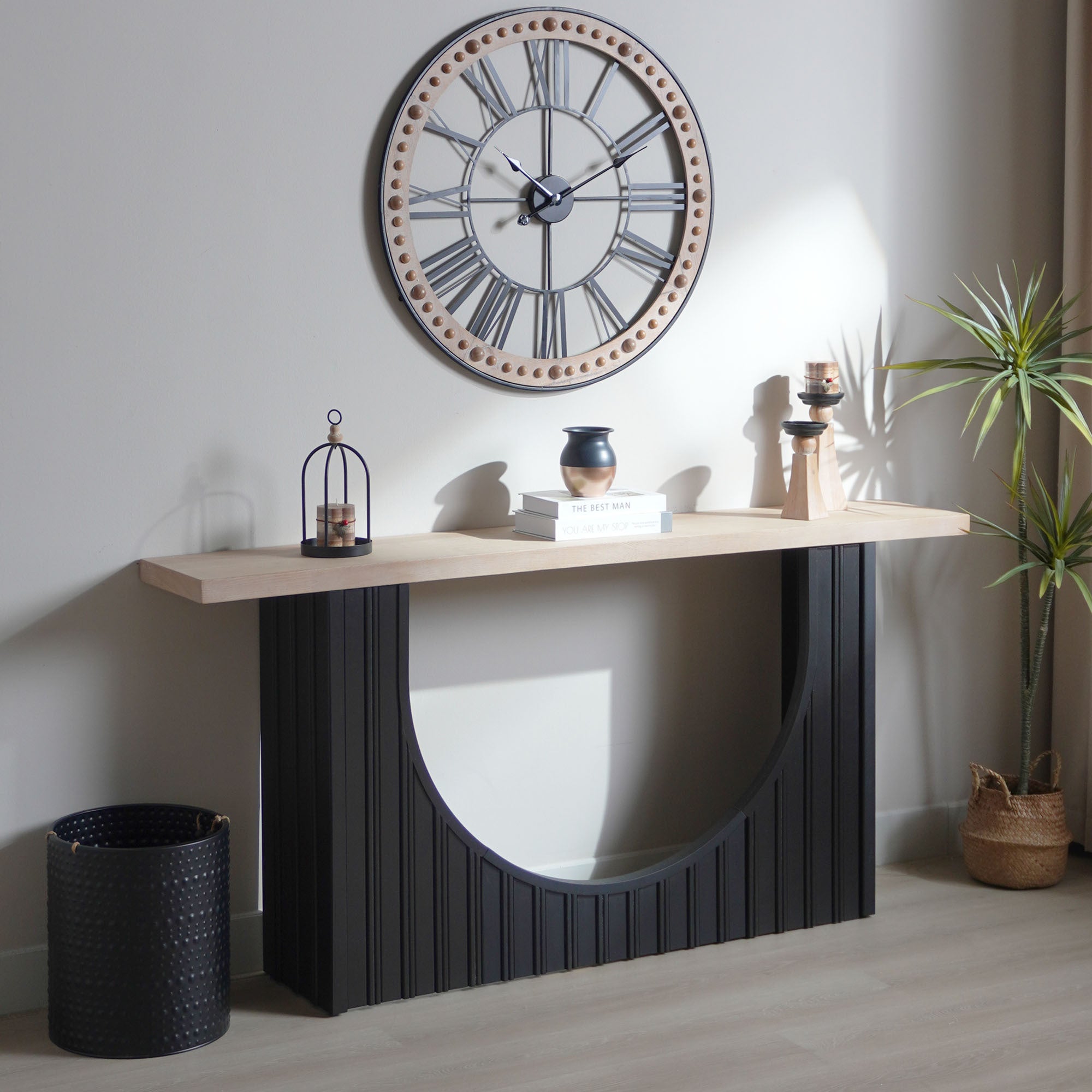 Modern Minimalist Console Table with Black Arch Base and Natural Wood Top,66in Length Console Table,Wood Table