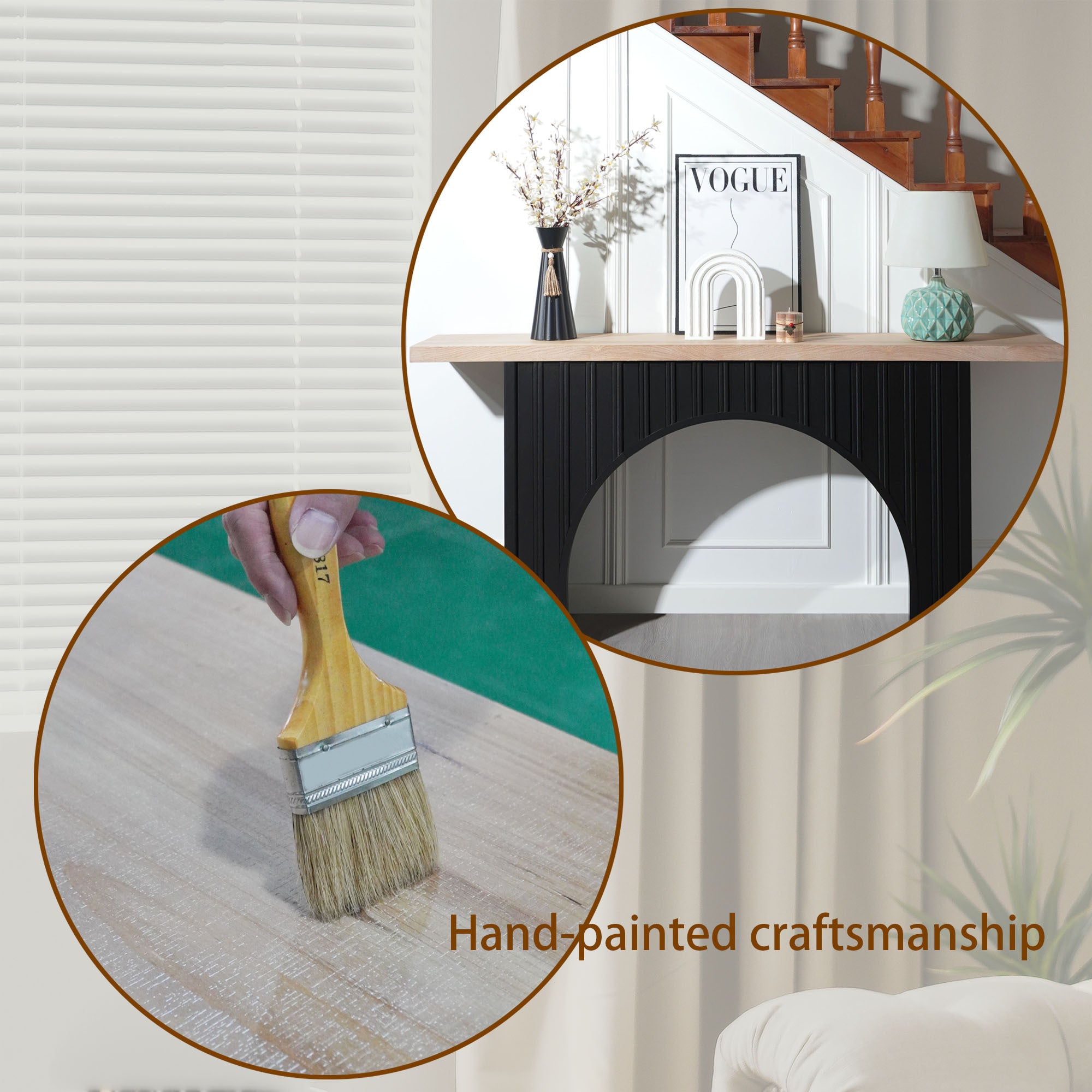 Modern Minimalist Console Table with Black Arch Base and Natural Wood Top,66in Length Console Table,Wood Table