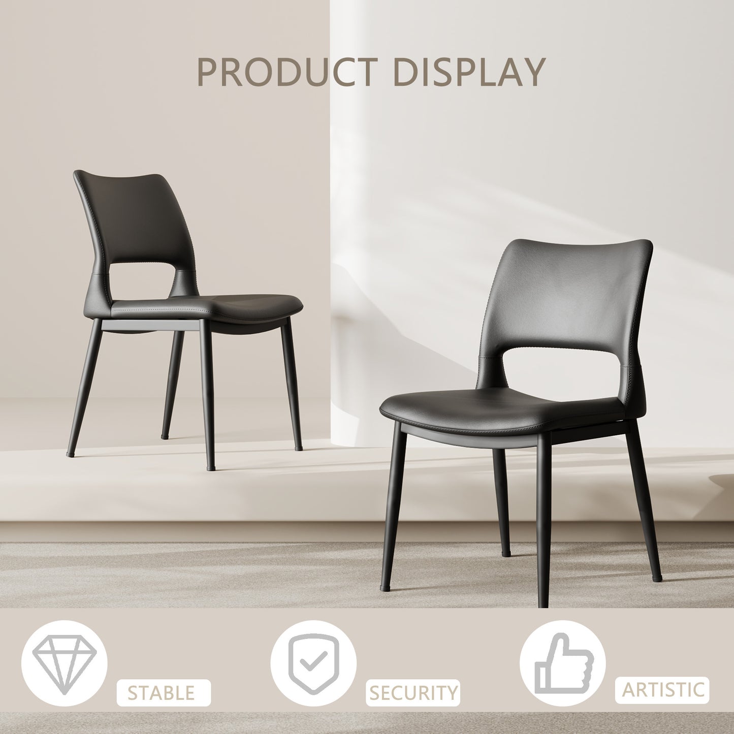 Modern minimalist black PU leather Dining Chairs Set of 2, comfortable backrest design, metal leg support, suitable for restaurants, kitchens, and offices.