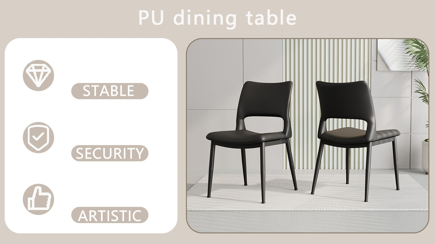 Modern minimalist black PU leather Dining Chairs Set of 2, comfortable backrest design, metal leg support, suitable for restaurants, kitchens, and offices.