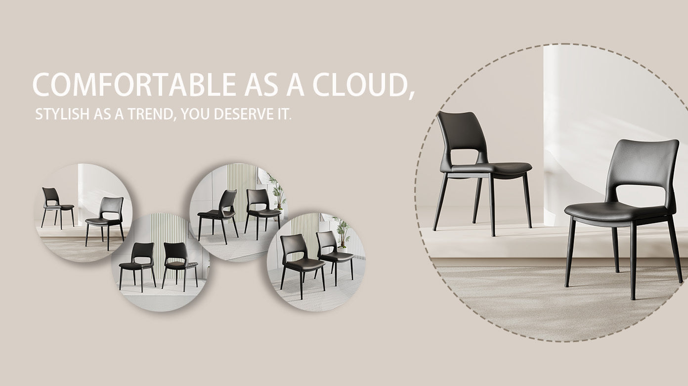 Modern minimalist black PU leather Dining Chairs Set of 2, comfortable backrest design, metal leg support, suitable for restaurants, kitchens, and offices.