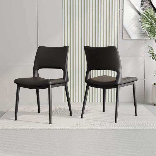 Modern minimalist black PU leather Dining Chairs Set of 2, comfortable backrest design, metal leg support, suitable for restaurants, kitchens, and offices.