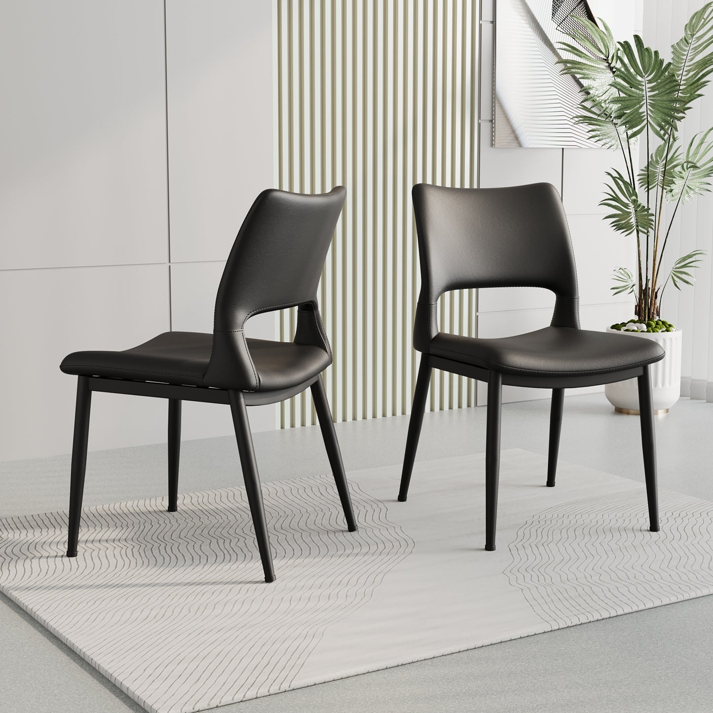 Modern minimalist black PU leather Dining Chairs Set of 2, comfortable backrest design, metal leg support, suitable for restaurants, kitchens, and offices.