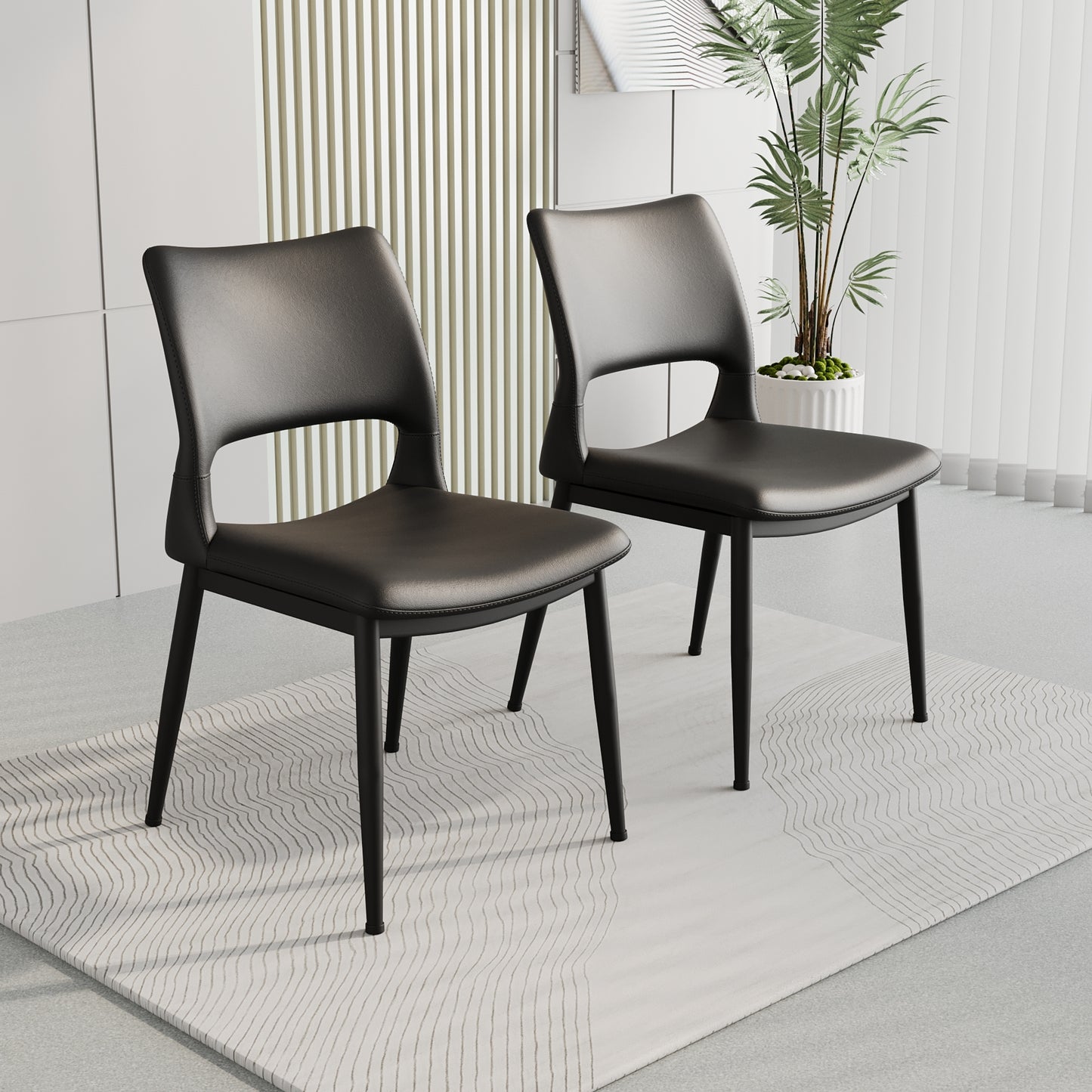 Modern minimalist black PU leather Dining Chairs Set of 2, comfortable backrest design, metal leg support, suitable for restaurants, kitchens, and offices.