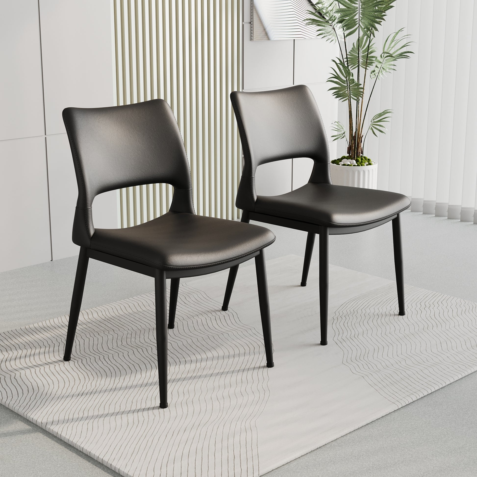 Modern minimalist black PU leather Dining Chairs Set of 2, comfortable backrest design, metal leg support, suitable for restaurants, kitchens, and offices.